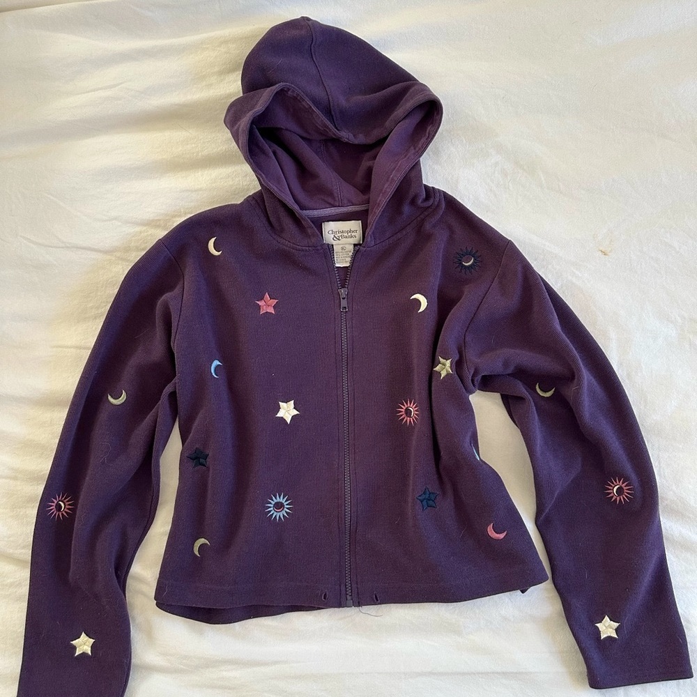 Celestial Zip Oversized Hoodie Moon Stars Embroidered Purple Vintage Boho